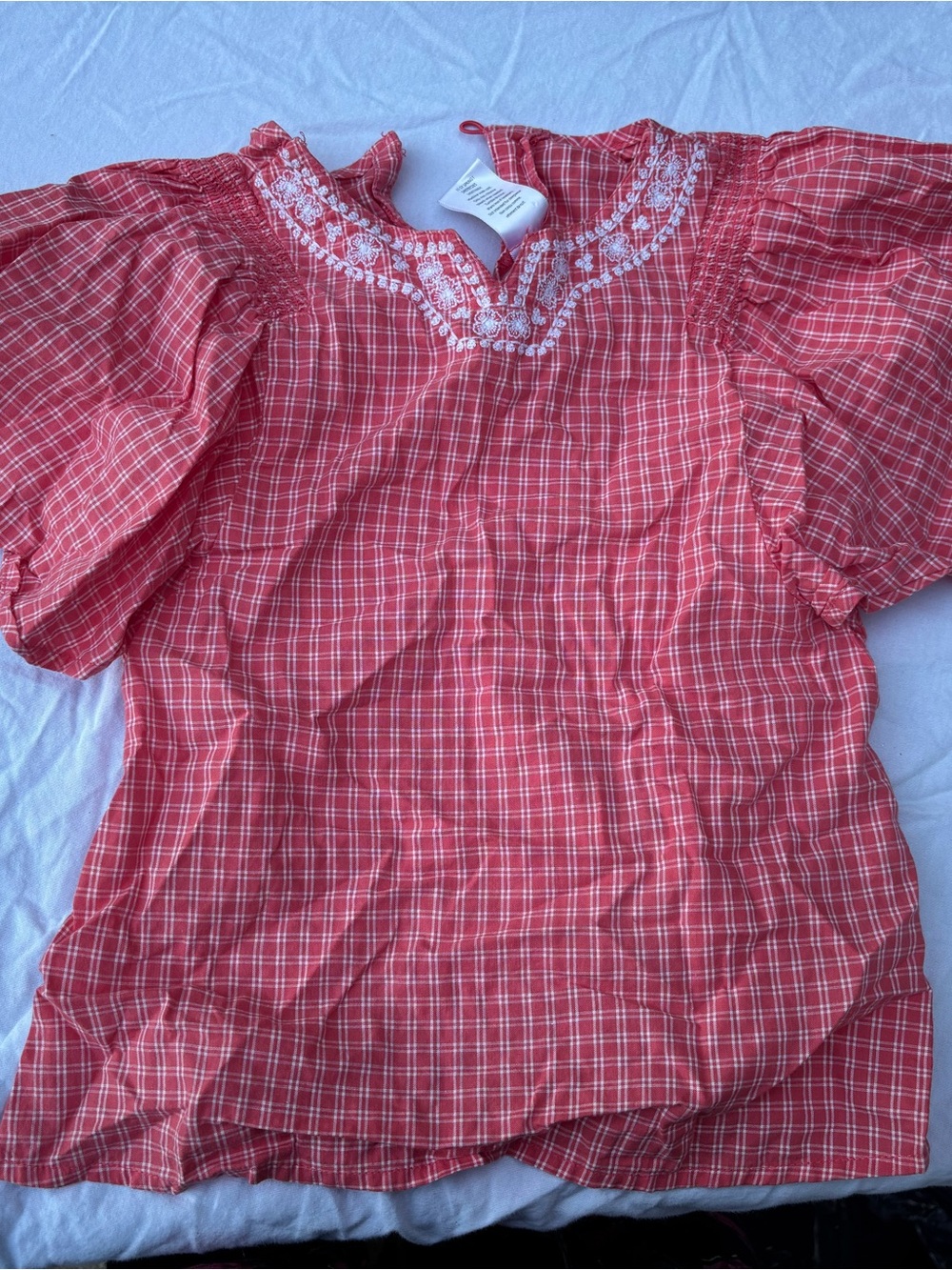 Gymboree Red Plaid Puff-Sleeve Top with White Embroidered Neckline